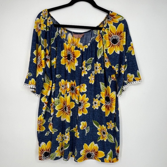 SJS Womens 3X Pullover Knit Top Denim Blue Bold Sunflower Print On Off Shoulder - Picture 1 of 9